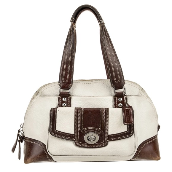 Coach Handbags - Coach Hampton Brown/Cream Pebbled Leather Satchel limited edition